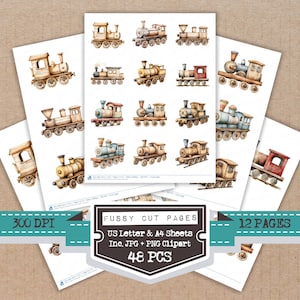 May include: A collection of watercolour illustrations of vintage steam trains on white paper. The image shows multiple sheets with various train designs in brown, red, and blue. Text on the image indicates "Fussy Cut Pages" and "48 PCS".