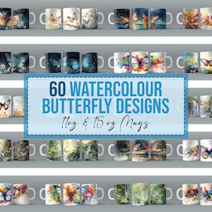 60x Watercolor Butterfly Mug Wraps for 11 oz 15oz Sublimation Mug Bulk Bundle Mug Wrap Downloads PNG Design Digital Butterflies Designs