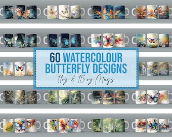 60x Watercolor Butterfly Mug Wraps for 11 oz 15oz Sublimation Mug Bulk Bundle Mug Wrap Downloads PNG Design Digital Butterflies Designs