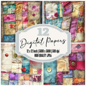 12x Boho Patchwork Junk Journal Paper, Colorful Fabric Digital Paper Pack, Quilted Textile Texture, Scrapbook Paper, Digital Download