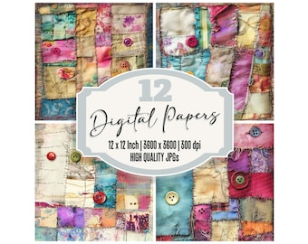 12x Boho Patchwork Junk Journal Paper, Colorful Fabric Digital Paper Pack, Quilted Textile Texture, Scrapbook Paper, Digital Download