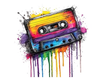 May include: A colorful watercolor illustration of a cassette tape. The tape is painted with vibrant hues of yellow, pink, purple, and blue. Splatters of paint in various colors surround the tape, with rainbow drips flowing downwards.