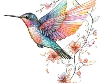 ハチドリのPNGクリップアート、花柄の尾を引く鳥のクリップアート12点