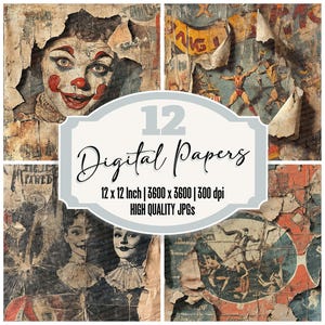 12x Ripped Circus Advertisements Junk Journal Paper,Vintage Carnival Digital Paper Pack,Aged Poster Backgrounds,Distressed Scrapbook Texture