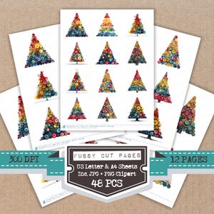 May include: A collection of white paper sheets featuring colorful Christmas tree designs. The trees are composed of circular shapes in various colors. The image includes the text "Fussy Cut Pages", "US Letter & A4 Sheets", "Inc. JPG + PNG Clipart", "48 PCS", "12 PAGES", and "300 DPI".
