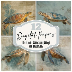 12 x Tortue Junk Journal Paper Coral Coast Pack de papier numérique JPG de haute qualité Ocean Texture Scrapbook Paper Téléchargement numérique
