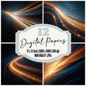 May include: A digital art composition featuring four panels with abstract light trails in shades of gold, orange, and blue against a dark background. The central element displays the text "12 Digital Papers" with size and quality details.