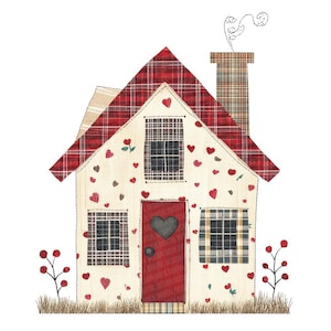 Pode incluir: Uma ilustração fantasiosa de uma casa com telhado e porta xadrez vermelhos. A casa é decorada com corações vermelhos e castanhos. As janelas têm um padrão de grade. A imagem inclui o texto "DIGITAL DESIGN".