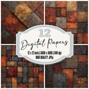 Puede incluir: Una colección de 12 papeles digitales con un diseño de patchwork texturizado. Los papeles presentan una variedad de colores, incluyendo marrón, óxido, gris y dorado. Cada papel mide 30,48 cm x 30,48 cm y tiene una resolución de 3600 x 3600 píxeles.