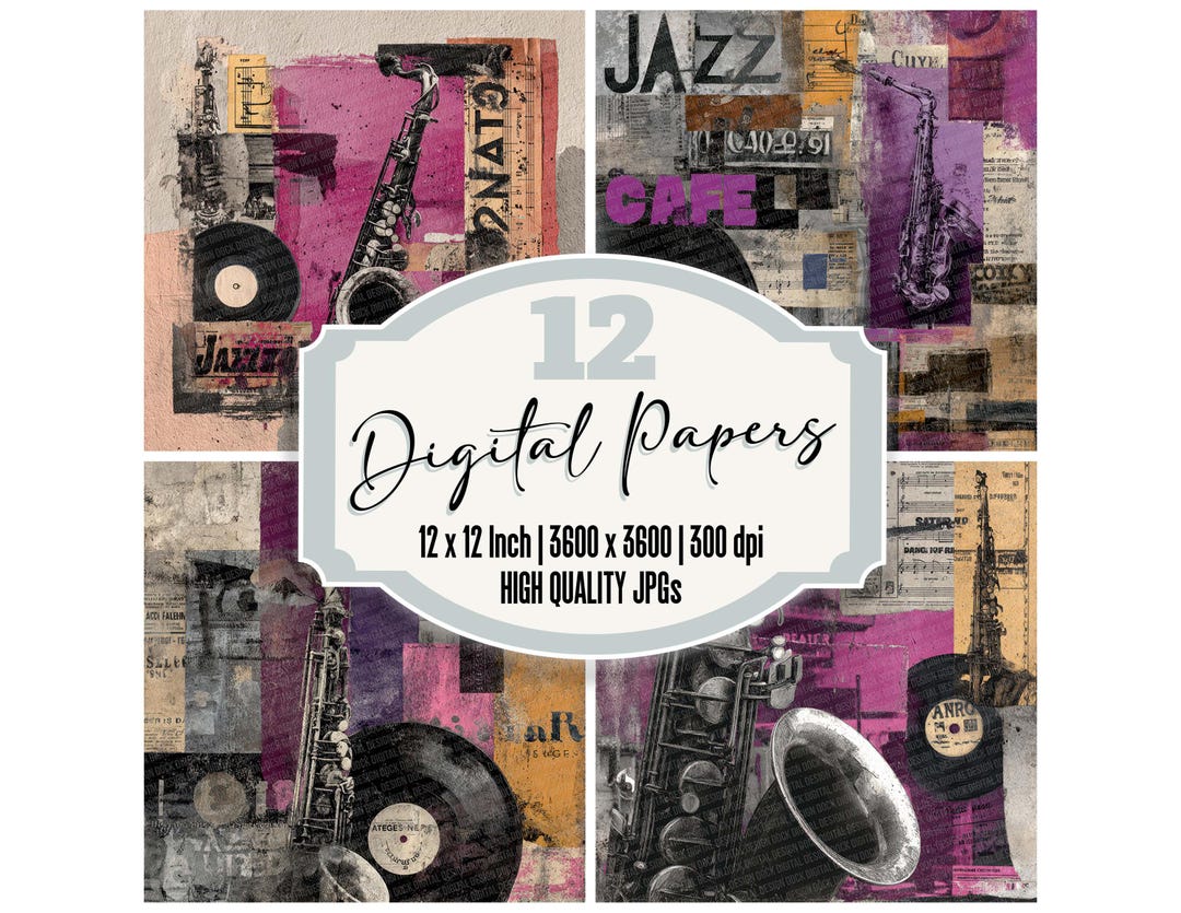 アート・デザイン・音楽 Jazz Records by Jorgen Grunnet Jepsen 12 Jazz Vinyl Grunge Digital Paper Pack Saxophone Jazz Music