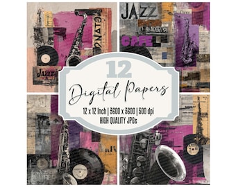 12 Jazz Vinyl Grunge Digital Paper Pack Saxophone Jazz Music