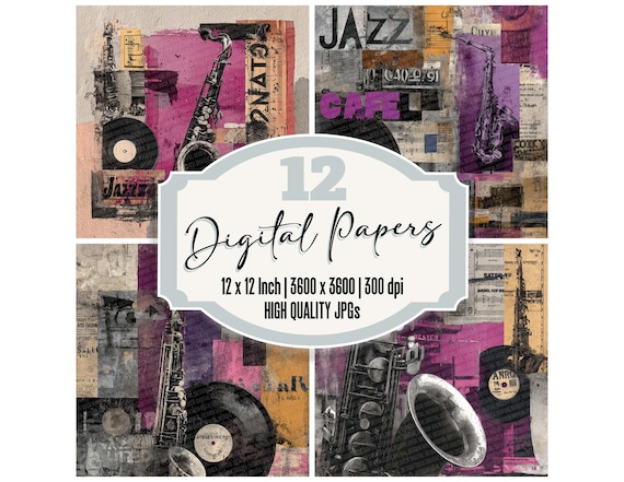 12 Jazz Vinyl Grunge Digital Paper Pack Saxophone Jazz Music