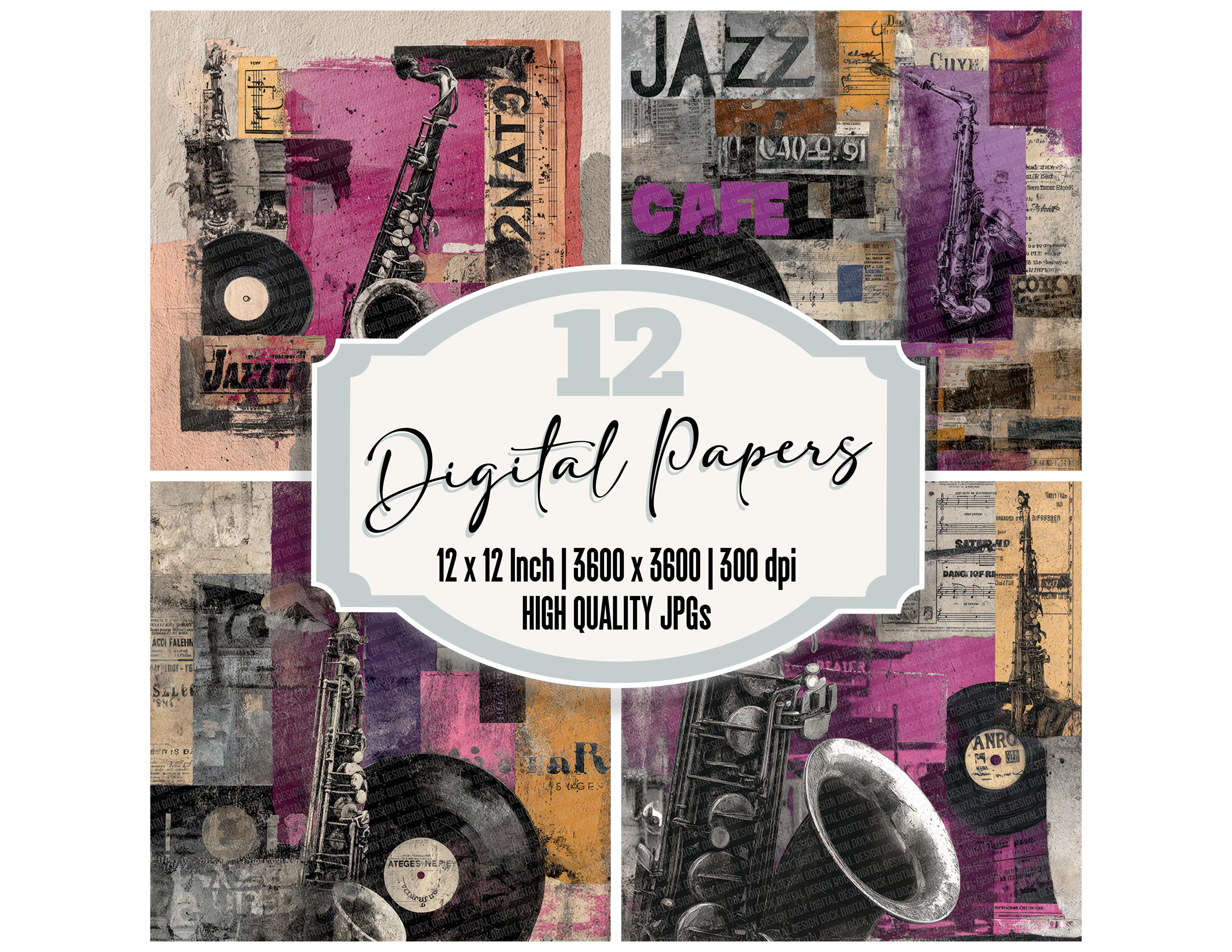 12 Jazz Vinyl Grunge Digital Paper Pack Saxophone Jazz Music