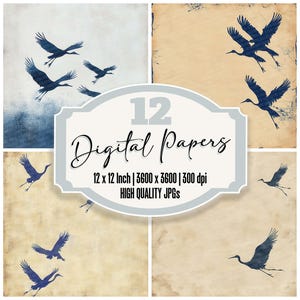 12x Indigo Crane Flight Junk Journal Paper Asian-Inspired Digital Paper Pack Vintage Backgrounds High Quality JPGs Download