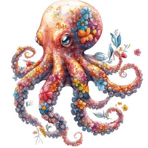 12x Floral Polvo Clipart, Aquarela Criaturas Marinhas, Clipart Imprimível, JPG de Alta Qualidade, Download Digital, Artesanato em Papel, Diários de Lixo