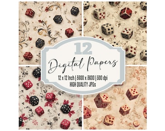 Paquete de 12 papeles digitales de dados de casino retro, fondos florales vintage para dados, papel para álbumes de recortes, texturas imprimibles, descarga digital, diario