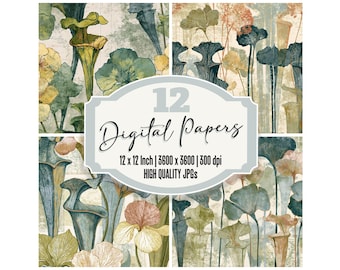 12x Charcoal Pitcher Plants Junk Journal Paper Sage Primrose Floral Digital Paper Pack Watercolour Botanical Backgrounds Decoupage Ephemera