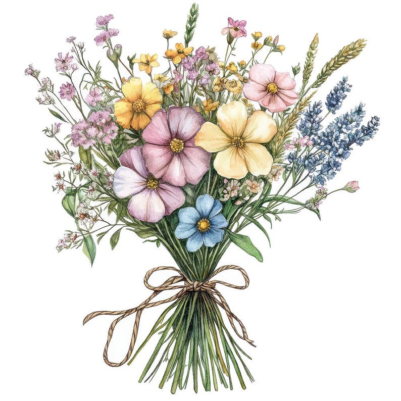 May include: A watercolour painting of a bouquet of wildflowers in shades of pink, yellow, and blue. The flowers are tied together with twine and the stems are green.