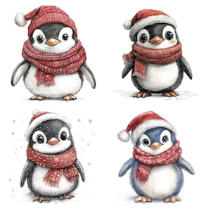 12 imágenes prediseñadas de pingüinos navideños, conjunto de imágenes prediseñadas de pingüinos de invierno, imágenes prediseñadas de acuarela imprimibles, descarga digital navideña, creación de tarjetas, álbumes de recortes