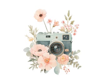 Vintage Camera PNG Clipart, 12x Floral Photography Clip Art , Printable Watercolor Clip Art, Paper Crafts, Digital Download, Transparent PNG
