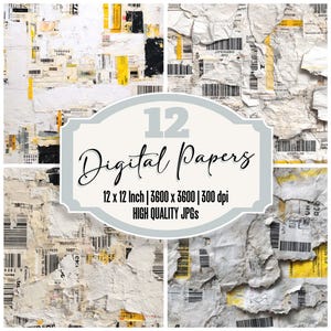 Puede incluir: Un collage de cuatro diseños de papel digital con una apariencia desgastada y texturizada. Los papeles presentan capas rasgadas de elementos blancos, amarillos y negros, con patrones de códigos de barras y fragmentos de texto. Incluye el texto "12 Digital Papers".