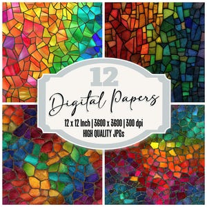 May include: A collection of 12 digital papers with stained glass designs. Each paper features a mosaic pattern in vibrant colors, including red, orange, yellow, green, blue, and purple. The papers are 12 x 12 inches and high quality JPGs.