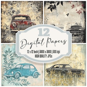 12 Classic Car Digital Papers, Aged Automobile Junk Journal Paper, Distressed Retro Grunge Textures,Abandoned Vehicle Backgrounds,Printables