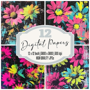 12x Neon Daisy Junk Journal Paper Grunge Flower Digital Paper Pack Retro Floral Backgrounds High Quality JPGs Scrapbook Download Instant