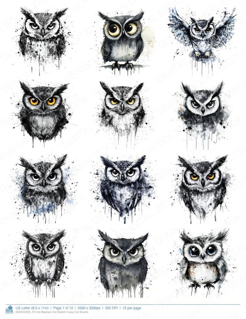 Washed Owl Ink-washed Owl Sketch Fussy Cut Sheets, 12x Printable Pages, Watercolor ...