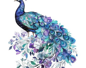 12x Sitting Peacock with Flowers Clip Art, Watercolor Peacock PNG, Printable Clip Art, High-Quality PNG, Digital Download