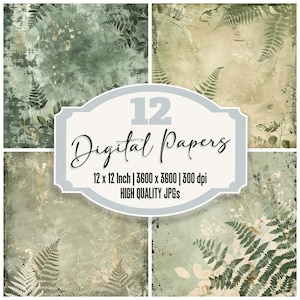 12x Forest Fern Junk Journal Paper, Distressed Botanical Digital Paper Pack, Green Nature Background, High Quality JPGs, Scrapbook Paper