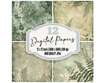 May include: A set of 12 digital papers featuring a green and brown fern pattern on a textured background. The papers are 12 inches by 12 inches and 300 dpi.
