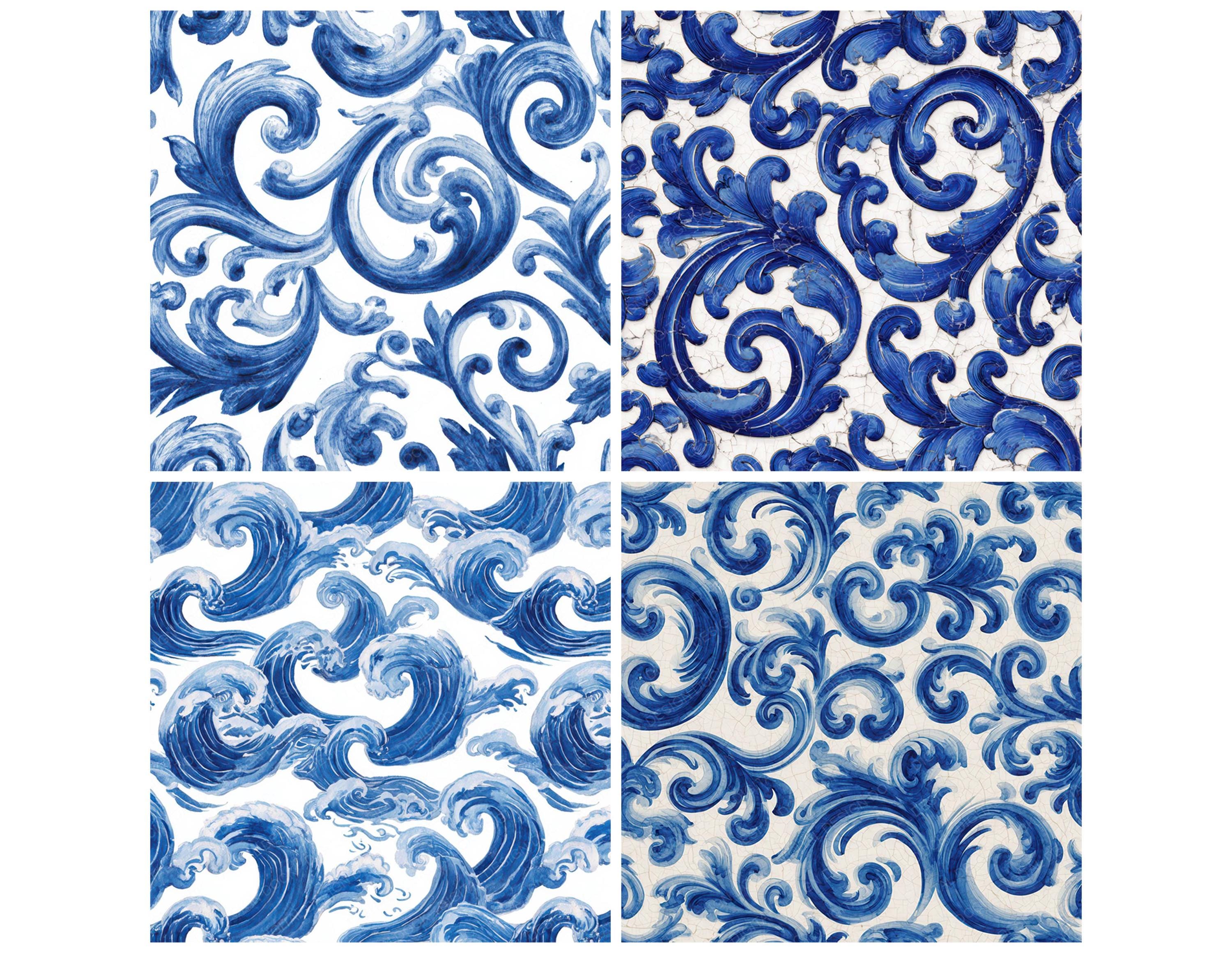 12 Delft Blue Scroll Digital Paper Ornamental Pattern Junk Journal ...