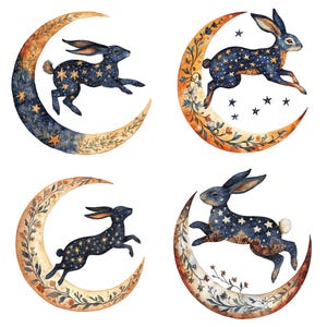 12 Folk Hare Clipart, Rabbit Jumping Over Moon Clip Art, Digital ...