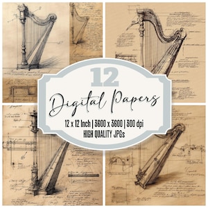 12x Musical Harp Digital Paper Junk Journal Paper String Detail High Quality JPGs Instrument Sketch Vintage Design Digital Download