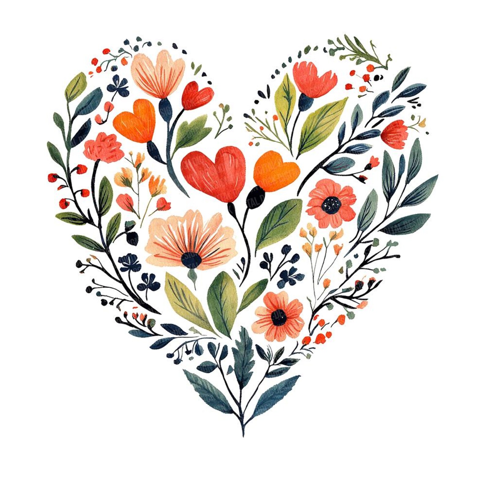 12 Flower Heart PNG Clipart, Watercolor Floral Heart Set, Valentine ...