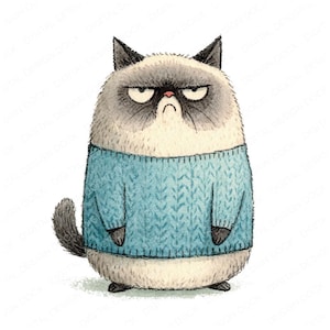 Peut inclure: Illustration d'un chat grincheux portant un pull bleu clair. Le chat a un visage gris et blanc avec des oreilles noires et un sourcil foncé. Le corps du chat est de forme arrondie et il a une petite queue.