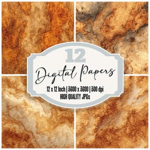 Paquete de 12 papeles digitales Thuya Wood Junk Journal con grano agrupado ámbar y fondos texturizados de alta calidad en formato JPG.