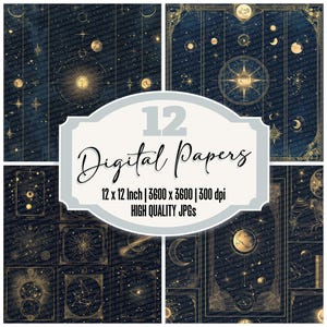 12x Celestial Tarot Junk Journal Paper, Mystic Digital Paper Pack, Moon Phases & Starry Backgrounds, High Quality JPGs, Digital Download