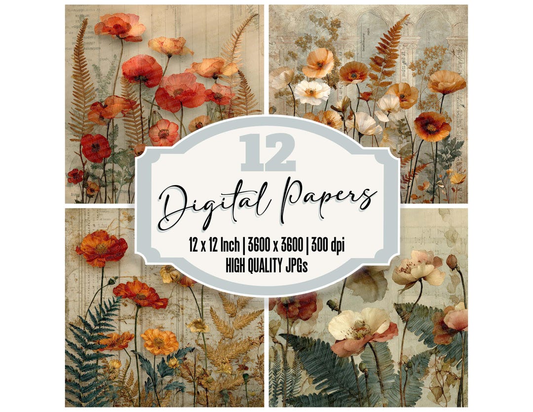 12x Poppy Fern Junk Journal Paper Digital Paper Pack Vintage Ledger ...