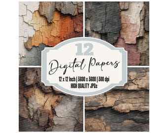 12 Bark Oak Grain Digital Paper Pack Rustic Wood Texture Backgrounds Junk Journal Paper Printable Ephemera Digital Download, Scrapbook Paper