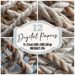Puede incluir: Un collage de cuatro imágenes en primer plano de cuerda beige gruesa y texturizada. La cuerda está bien enrollada, con hebras visibles y una apariencia ligeramente deshilachada. Un gráfico central dice "12 Digital Papers, 12 x 12 Inch | 3600 x 3600 | 300 dpi, HIGH QUALITY JPGs."