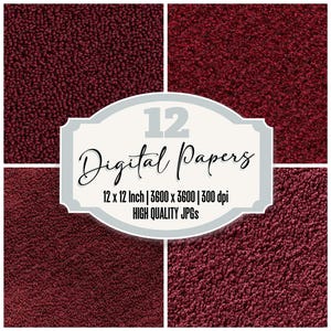 Può includere: Immagine di quattro carte digitali strutturate bordeaux. Un'etichetta centrale bianca e grigia indica "12 Digital Papers", con le dimensioni e la risoluzione dei file digitali.