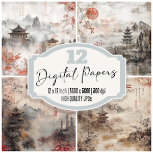 China Serenity Junk Journal Paper Pack 12x Vintage Oriental Digital Paper Distressed Texture High Quality JPGs Scrapbook Paper Diary Pages