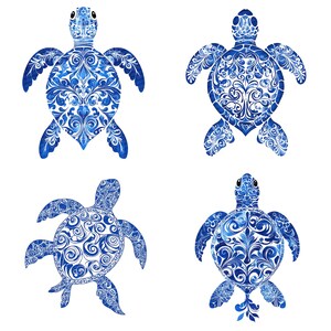 May include: Four blue and white ceramic sea turtles with intricate floral designs. The turtles are facing different directions and have a watercolour effect.
