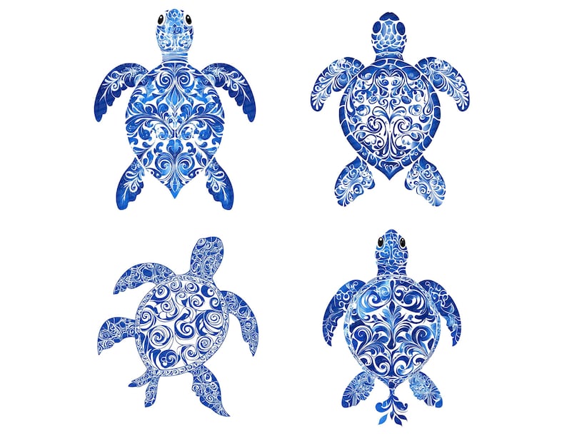 May include: Four blue and white ceramic sea turtles with intricate floral designs. The turtles are facing different directions and have a watercolour effect.