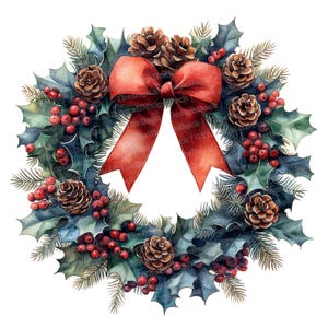 12 Christmas Wreath Clipart, Watercolor Pinecones and Holly, Printable Clipart, High Quality JPGs, Digital Download,Paper Crafts,Xmas Wreath