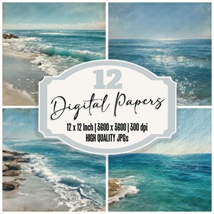 12x Coastal Paper Scene Junk Journal Paper Vintage Ocean Beach Landscape Digital Paper Pack Seaside Wave Backgrounds Scrapbook Paper JPGs