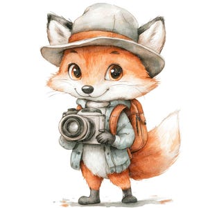 Renard voyageur clipart, 12 x ensemble de cliparts animaux de la forêt aquarelle, clipart imprimable, créations en papier, téléchargement numérique, lot de journaux indésirables