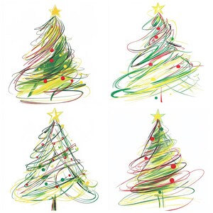 Puede incluir: Cuatro ilustraciones caprichosas de &aacute;rboles de Navidad. Cada &aacute;rbol est&aacute; representado con trazos sueltos y coloridos de verde, amarillo y rojo, adornado con peque&ntilde;os adornos rojos y coronado con una estrella dorada. Los dise&ntilde;os est&aacute;n sobre un fondo blanco.